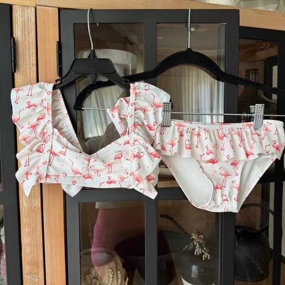 Janie & Jack toddler bikini set Recycled Flamingo Ruffle 2-Piece Swimsuit print - Picture 1 of 9
